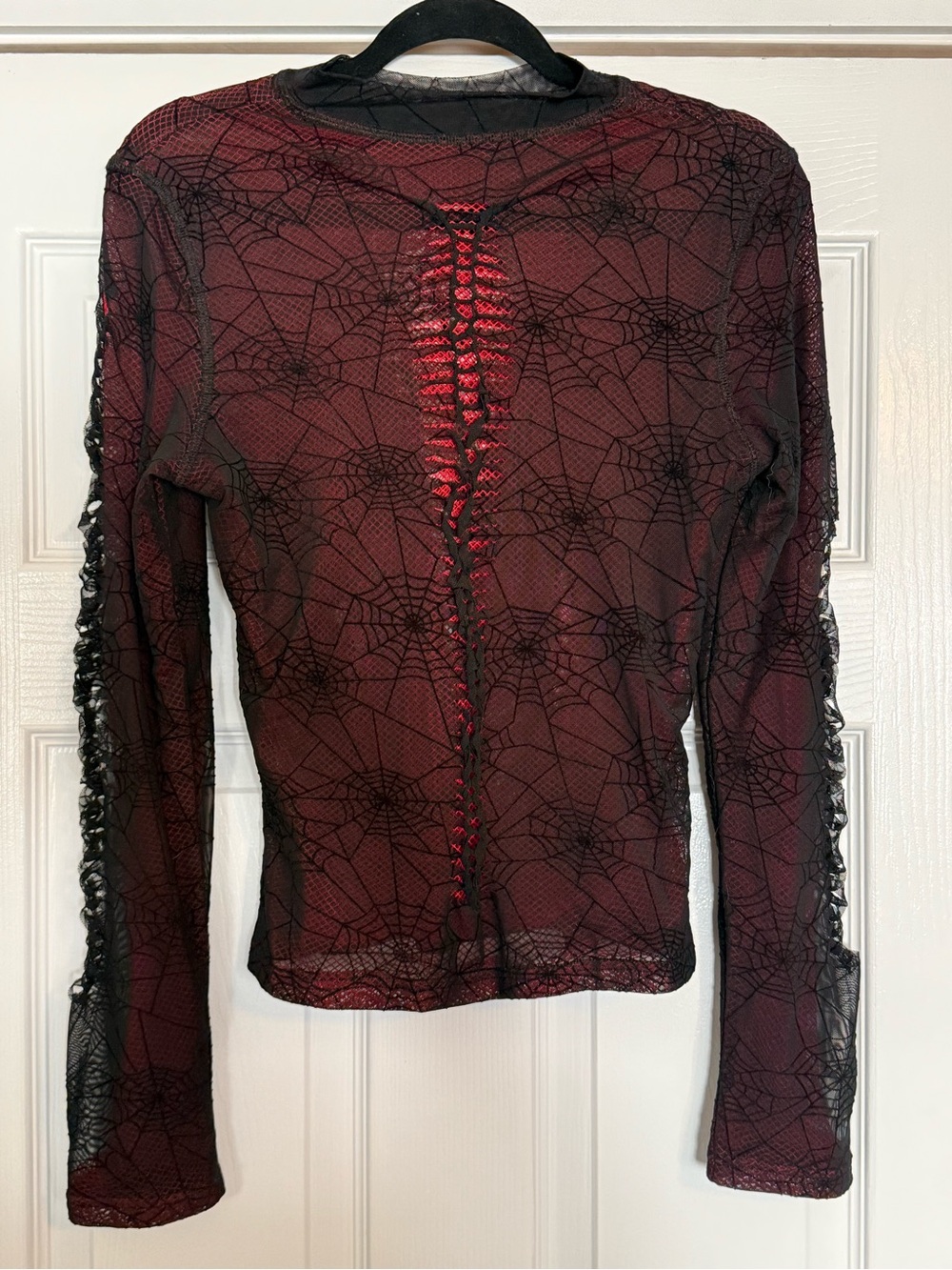 Black & Red Long-Sleeve Spiderweb Mesh Top